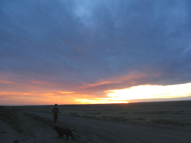 James and his dog
at sunset. Carpenter, WY
Apr. 2005
Keywords: Wyoming James